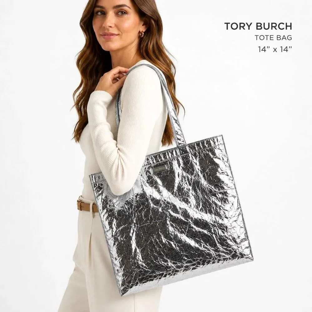 Tory Burch Metallic Silver Tote Bag NWT Crinkle Foil Statement Shopper 14x14